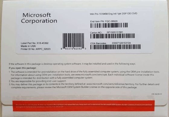 100% echtes 64 Bit Microsoft gewinnen Pro-Schlüssel Soem-10 mit DVD-lebenslanger Garantie